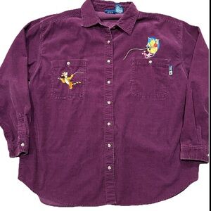VTG 90s Y2K Disney Corduroy Button Up Shirt Purple Winnie The Pooh Women's XL